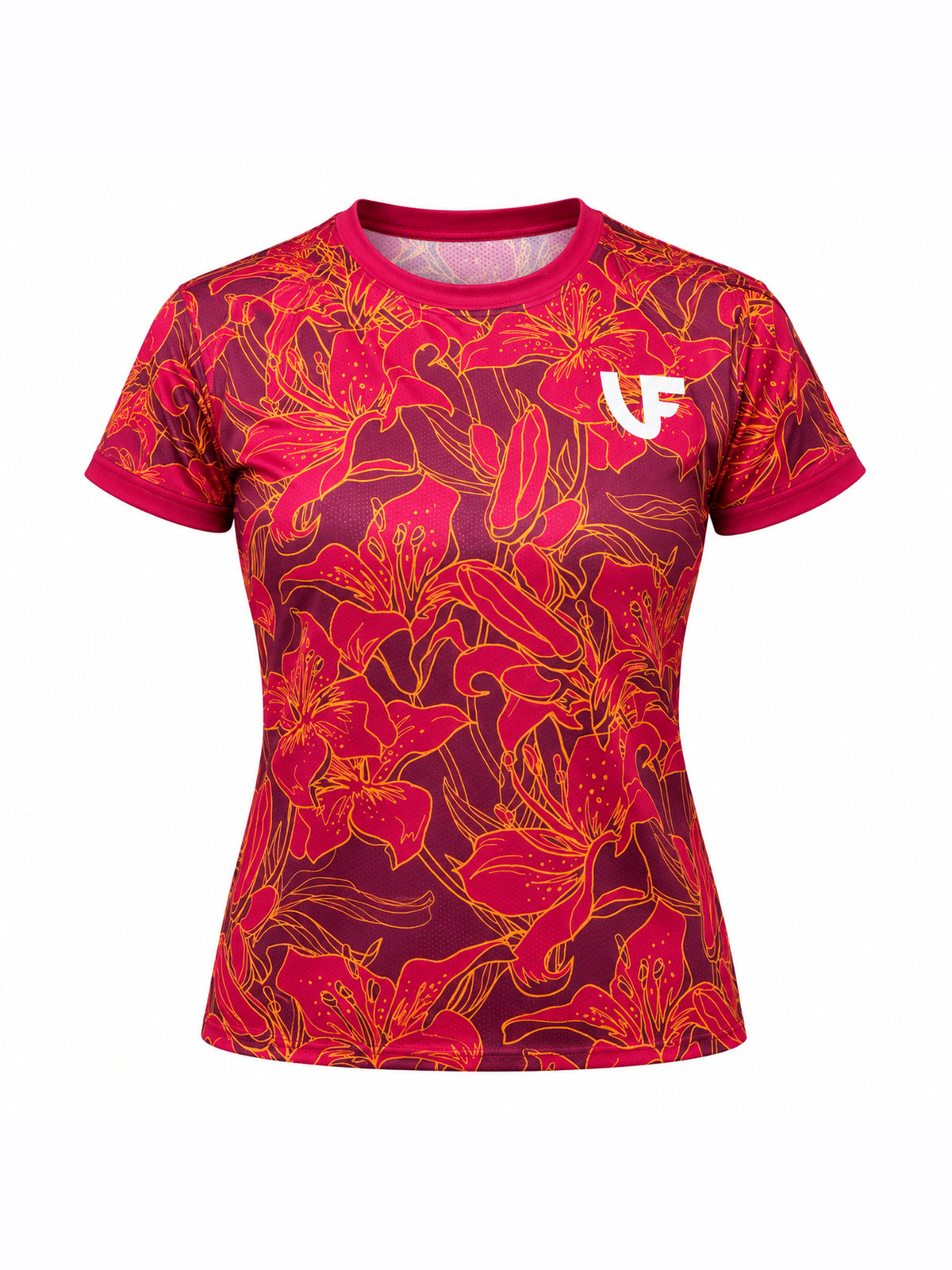T-shirt de sport bordeaux femme motifs à fleurs - LVF Gold Flowers