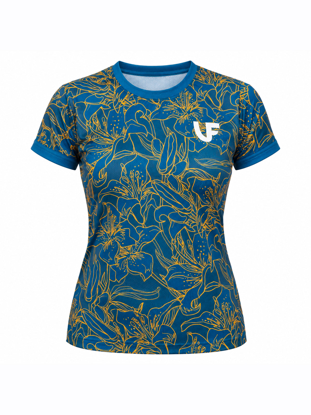 T-shirt de sport bleu femme motifs à fleurs - LVF Gold Flowers