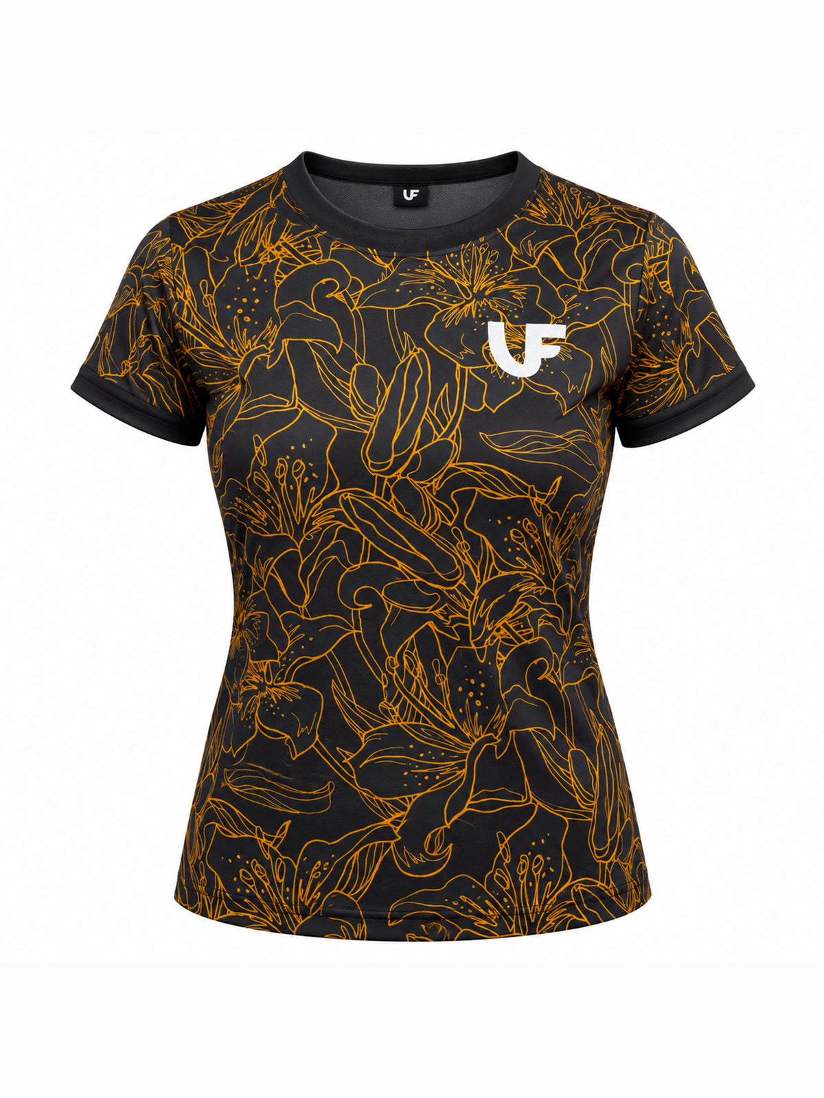 T-shirt de sport noir femme motifs à fleurs - LVF Gold Flowers