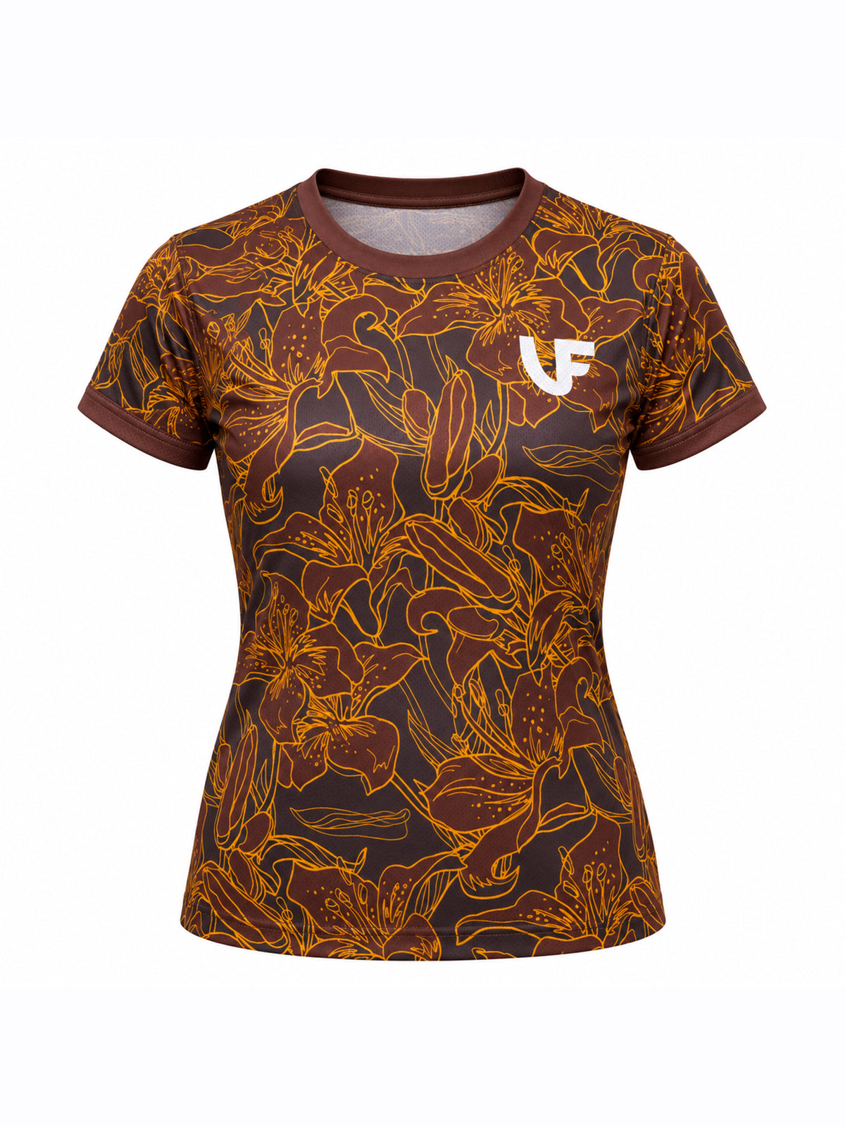 T-shirt de sport marron femme motifs à fleurs - LVF Gold Flowers