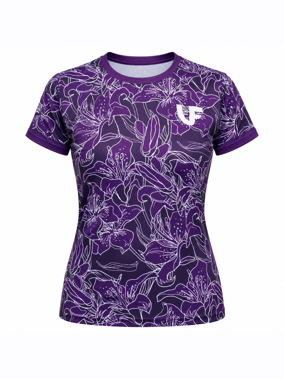 T-shirt de sport violet et blanc femme motifs à fleurs - LVF Gold Flowers