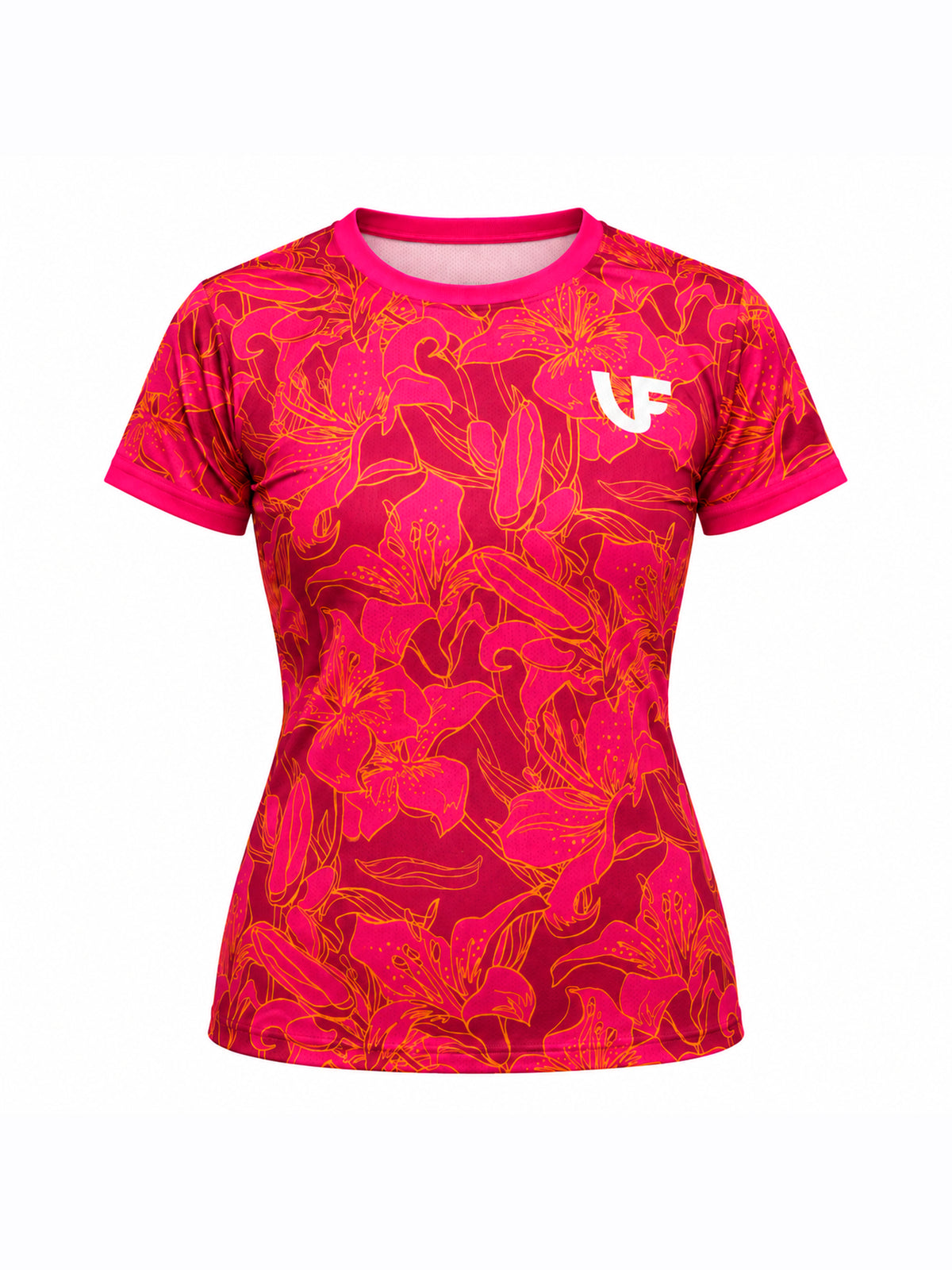 T-shirt de sport rose vif femme motifs à fleurs - LVF Gold Flowers